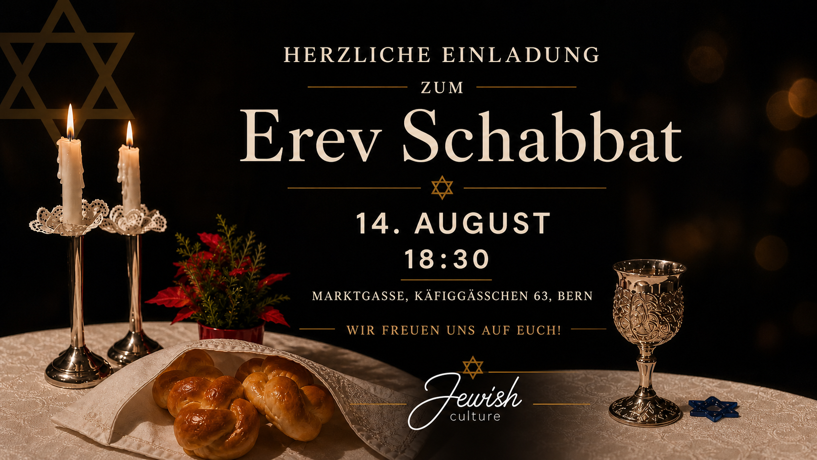 Invitation banner for Erev Shabbat with candles, challah and kiddush cup