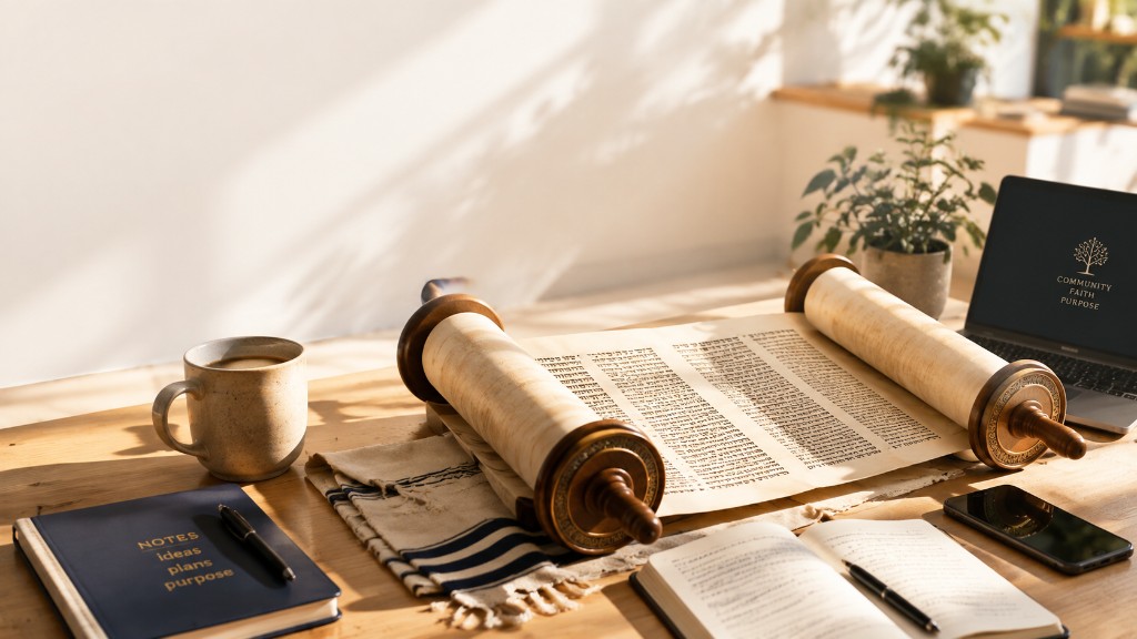 Geöffnete Torarolle auf einem Tisch mit Notizbuch, Stift, Kaffeetasse und Laptop